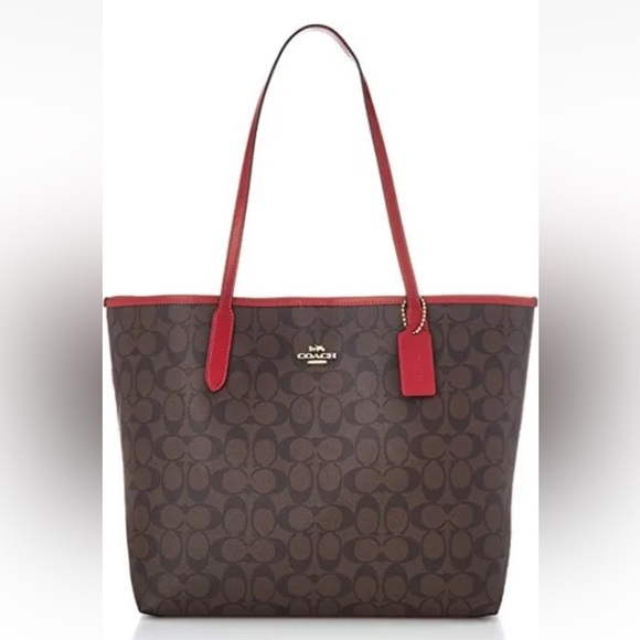 Coach NWT $398 Coach 5696 City Tote Signature Canvas Brown 1941 Red - Picture 7 of 13